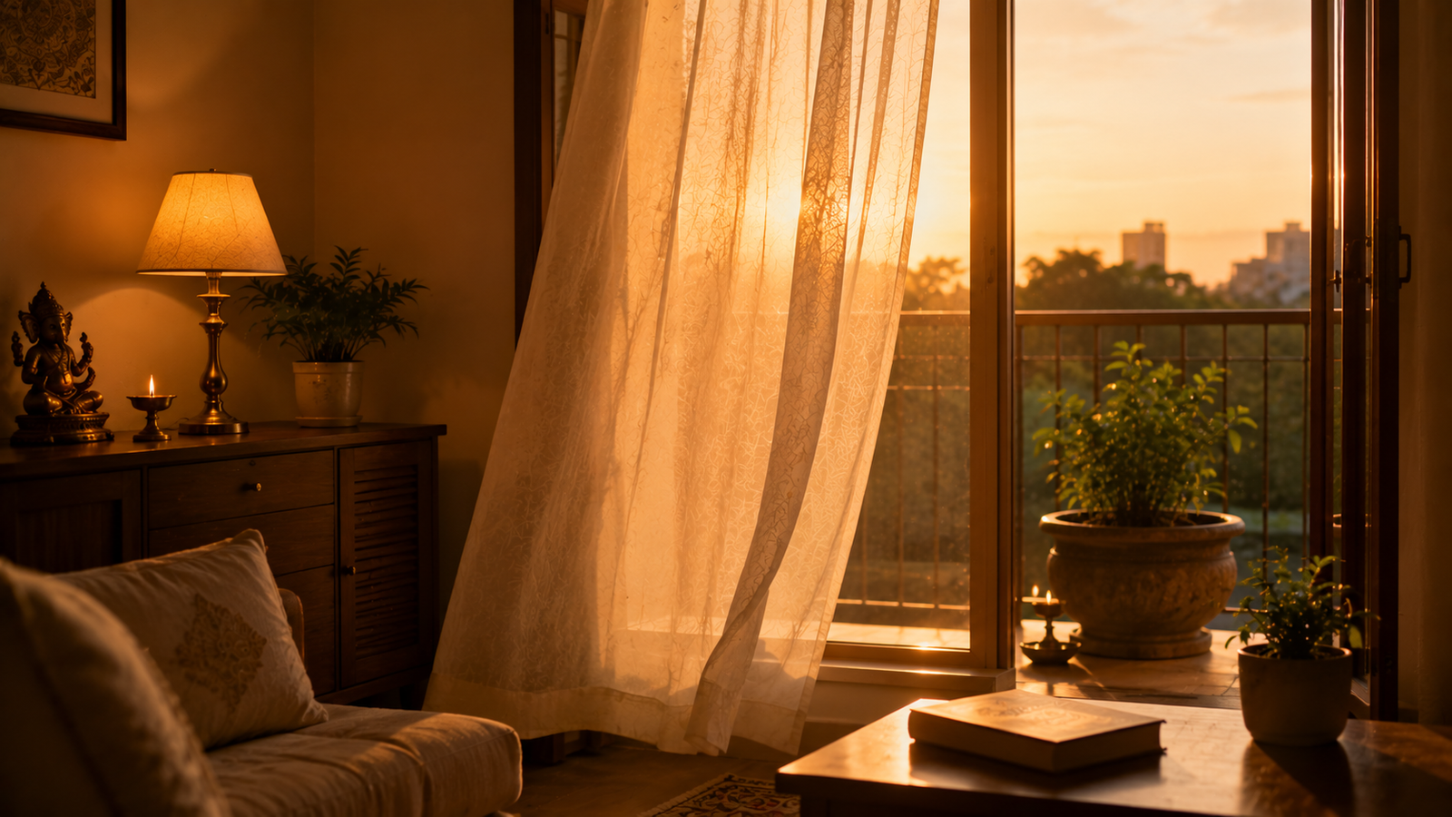 Gentle ordered home at golden hour supporting mental peace