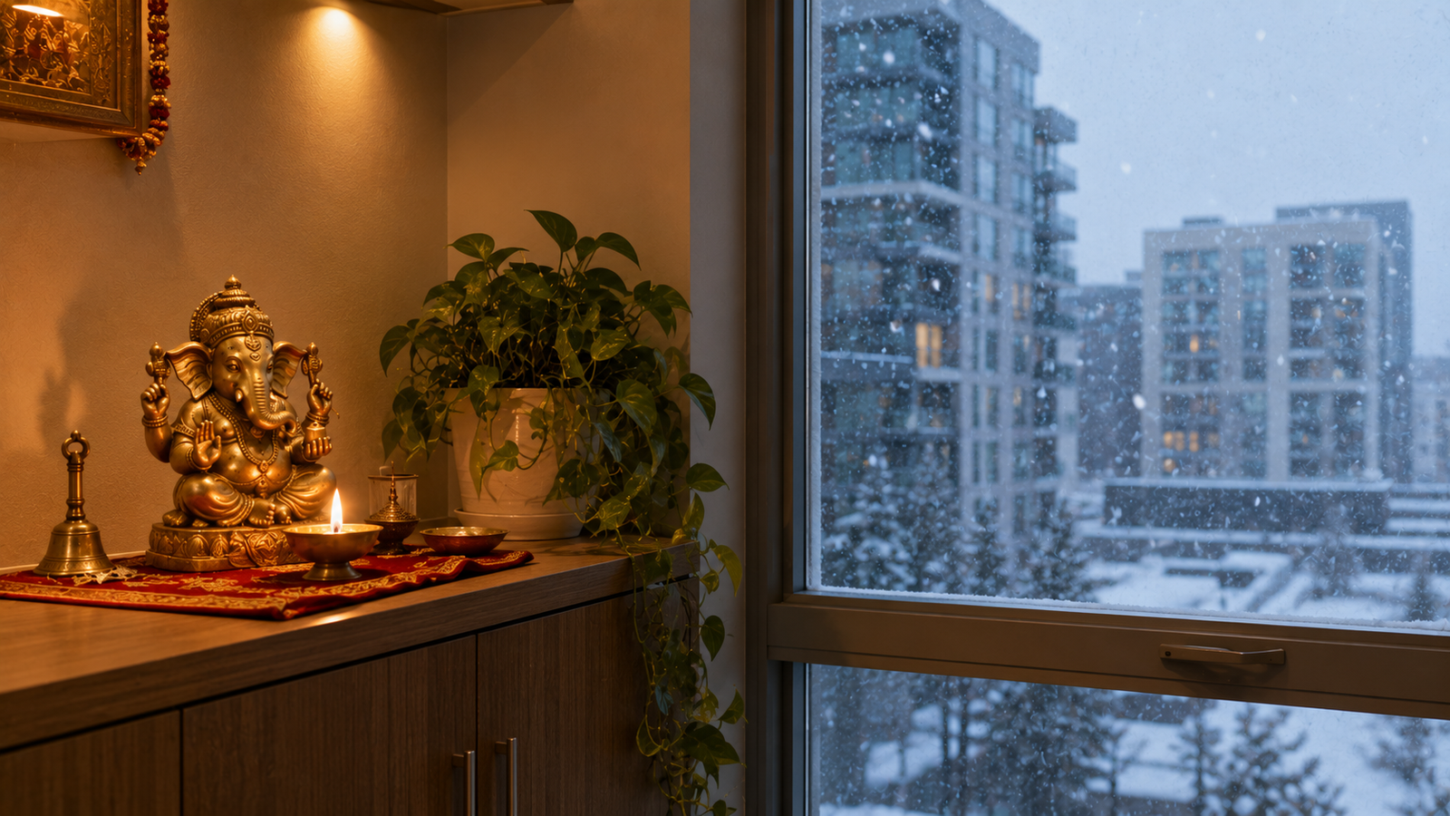 Small pooja corner set up in overseas apartment per Vastu