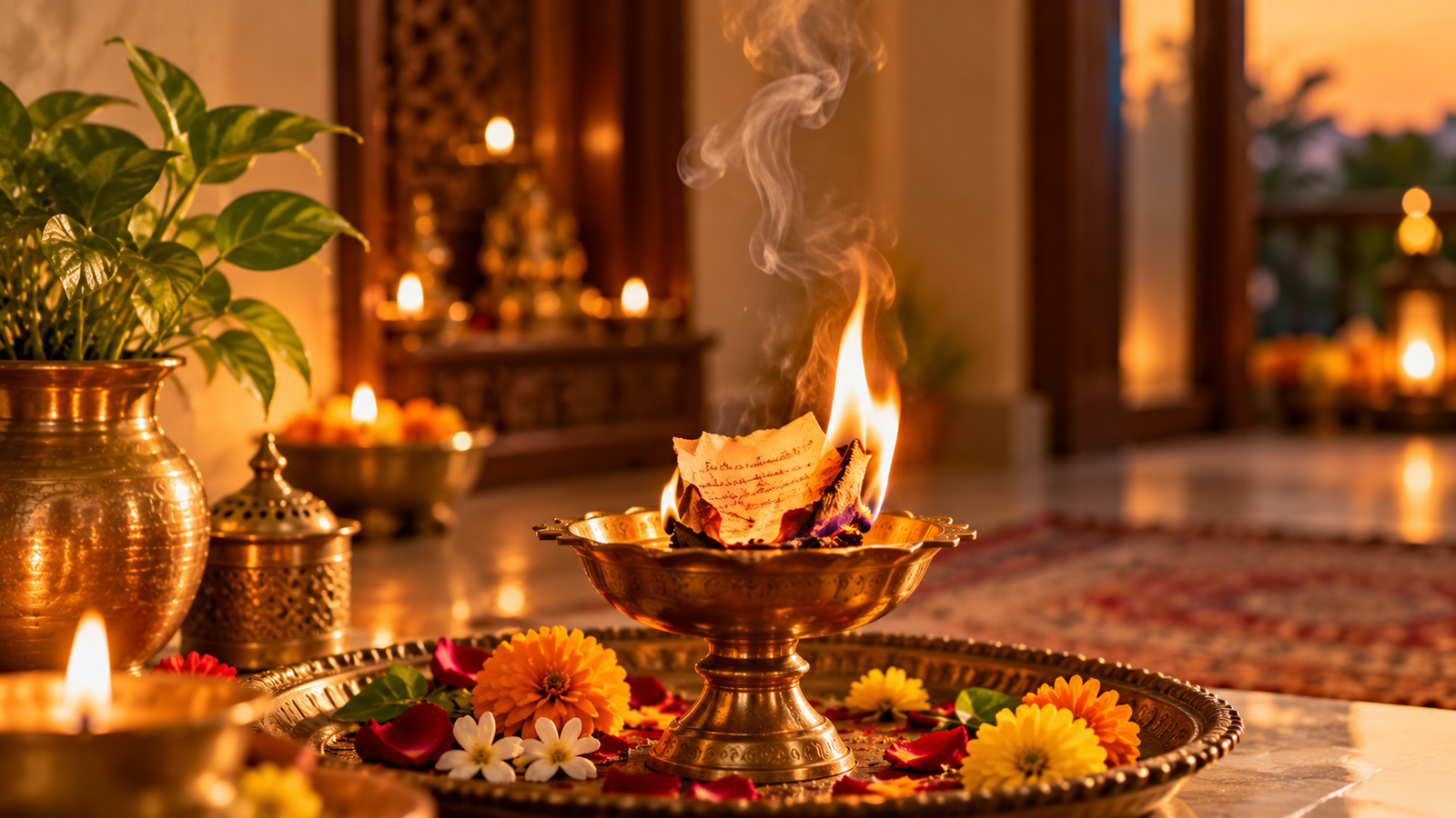 Private release ritual with paper burning in diya flame on Dussehra