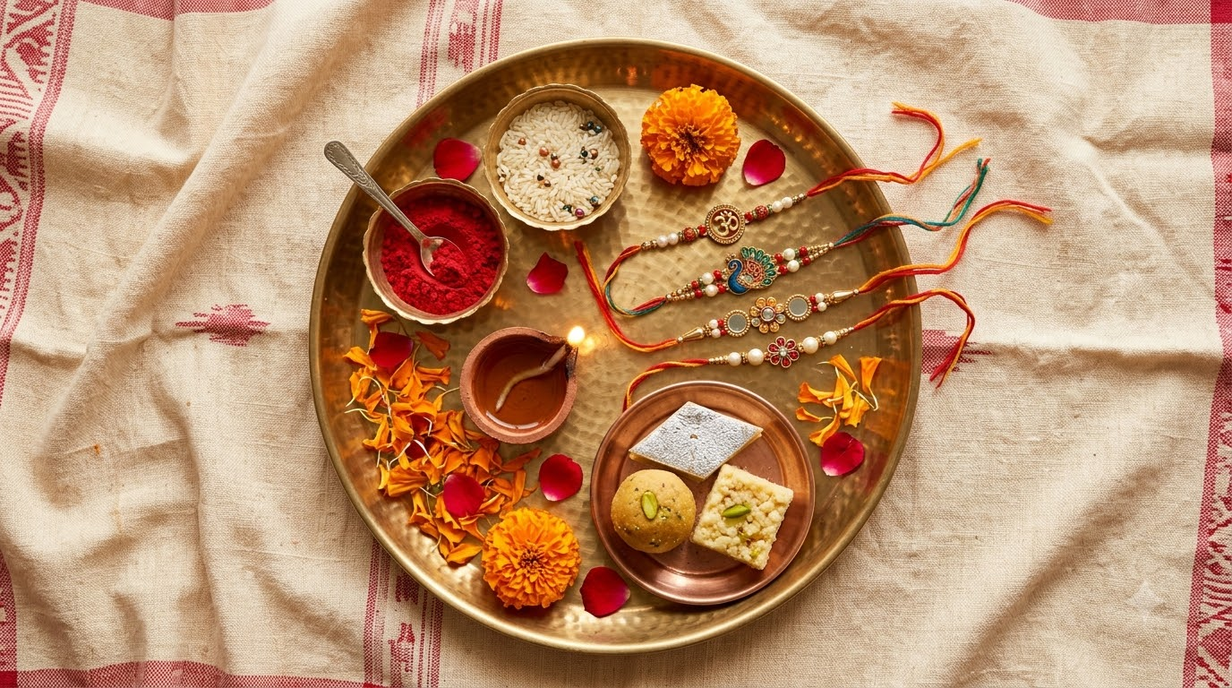 Organized Raksha Bandhan thali with rakhi, kumkum, diya and sweets