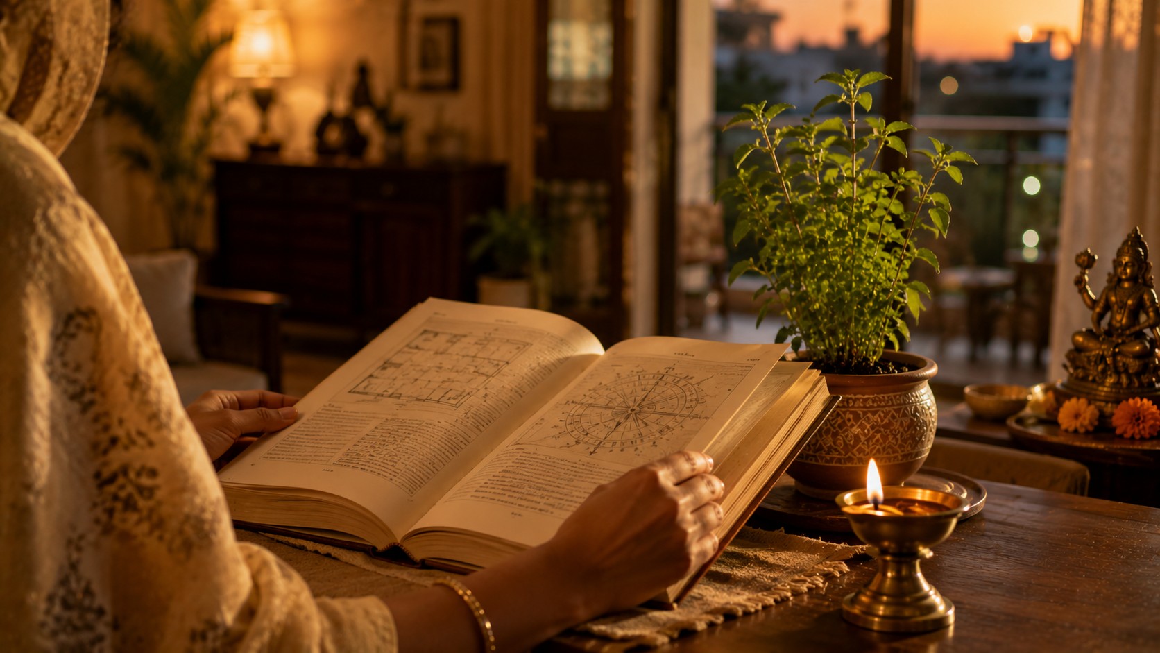 Vastu book with diya symbolizing authentic Vastu wisdom