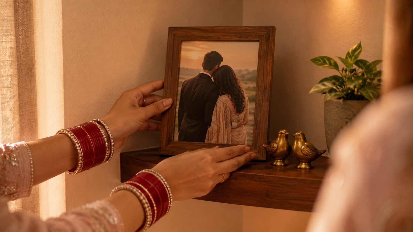 Newlywed couple at first shared pooja corner merging family deities