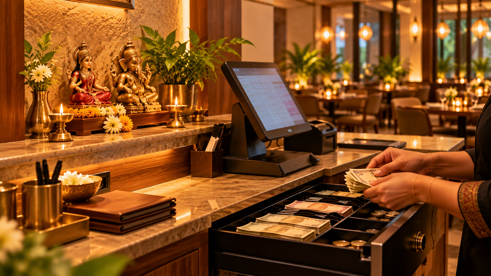 Restaurant billing counter facing North with Lakshmi image per Vastu