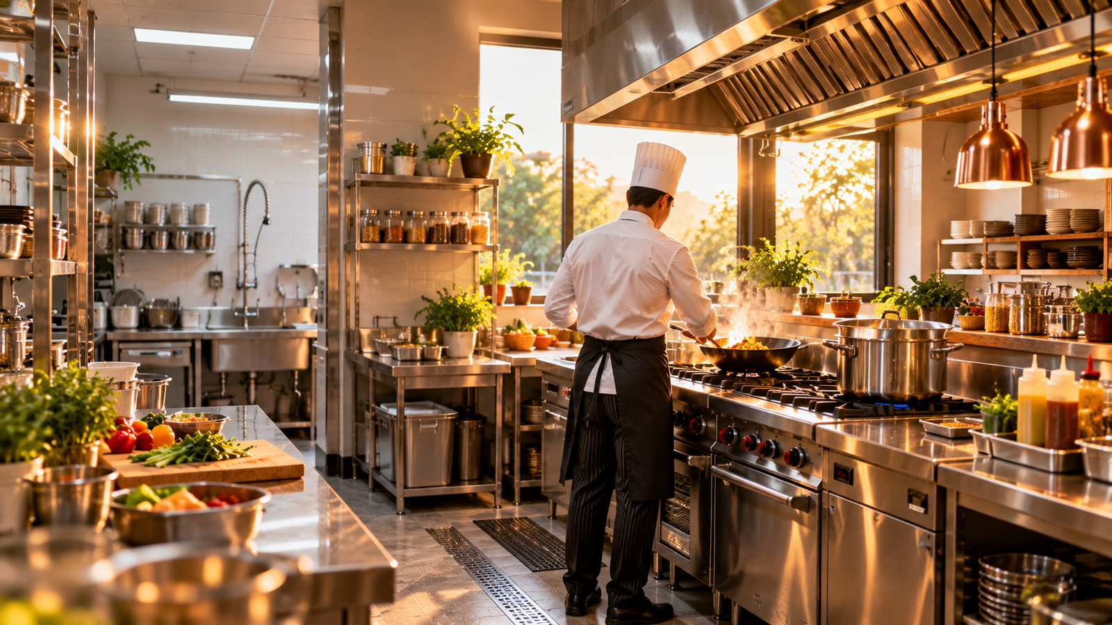 Chef cooking facing East in South-East restaurant kitchen per Vastu