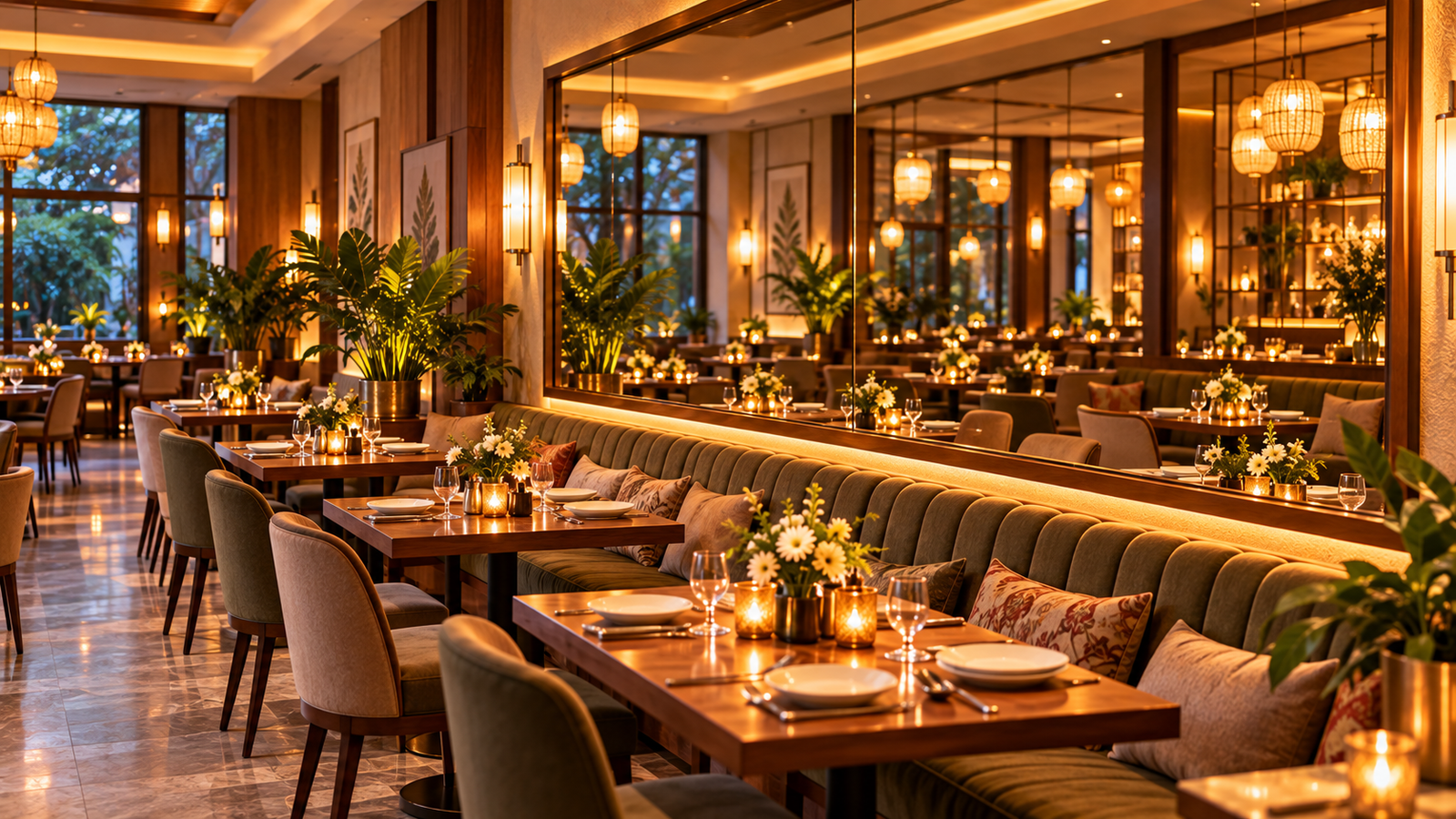 Mirror doubling restaurant dining room and food as per Vastu