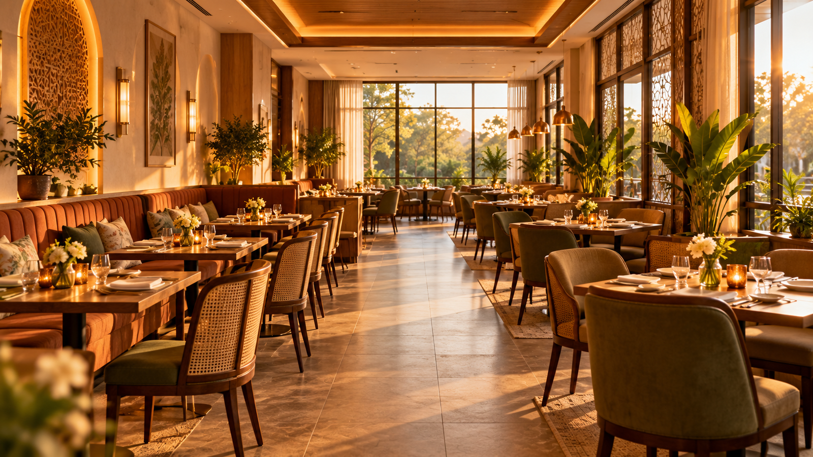 Restaurant dining room with clear flow and beam-free seating per Vastu
