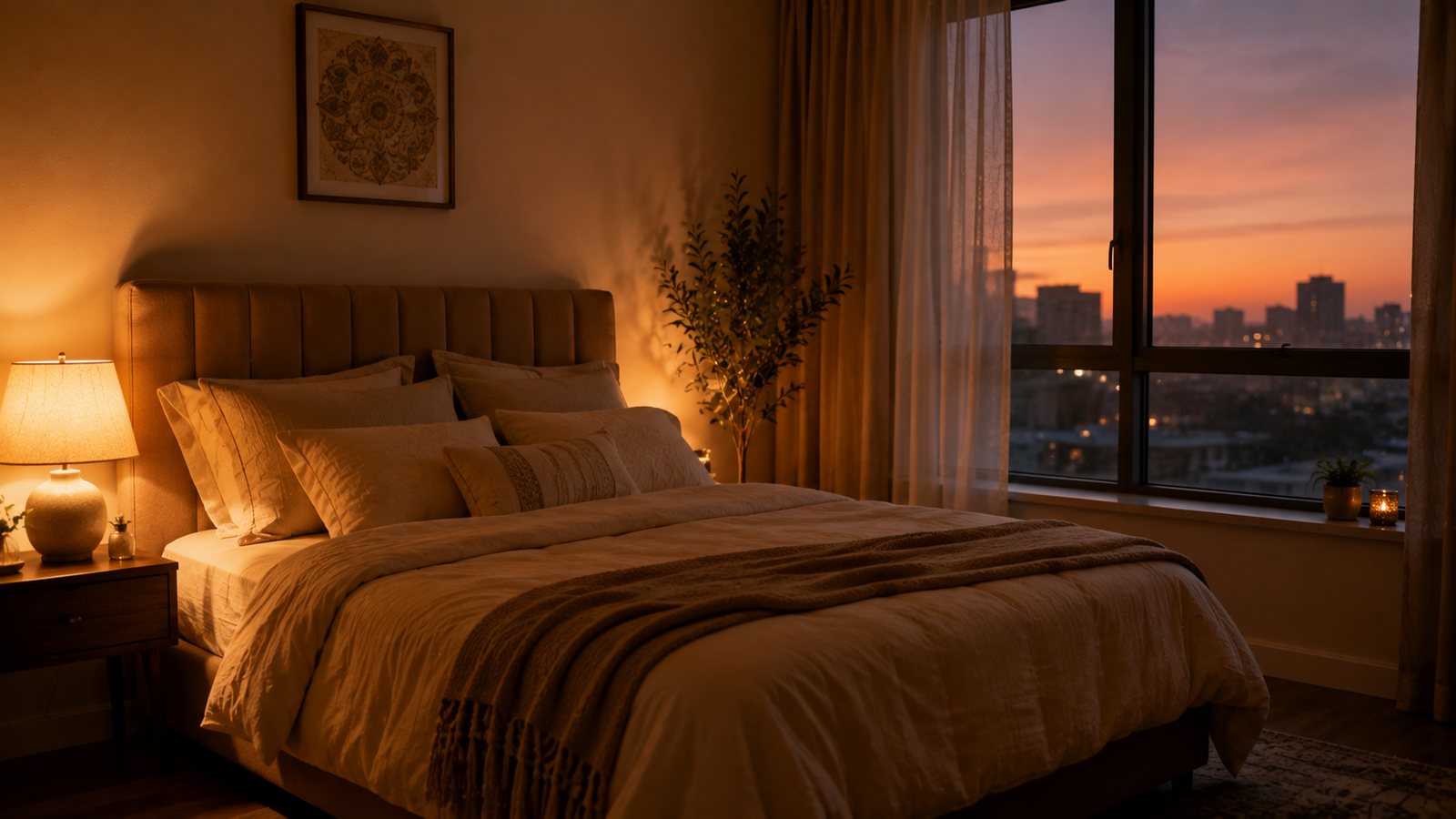 Calm screen-free bedroom at dusk arranged per Vastu for rest