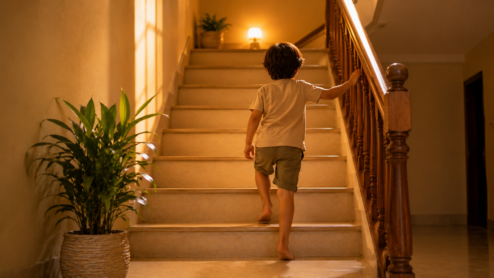 Child safely climbing bright well-kept Vastu-aligned staircase
