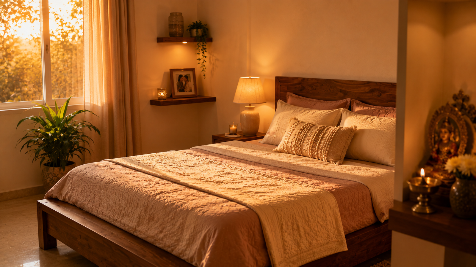 Newlywed bedroom with single unbroken mattress as per Vastu