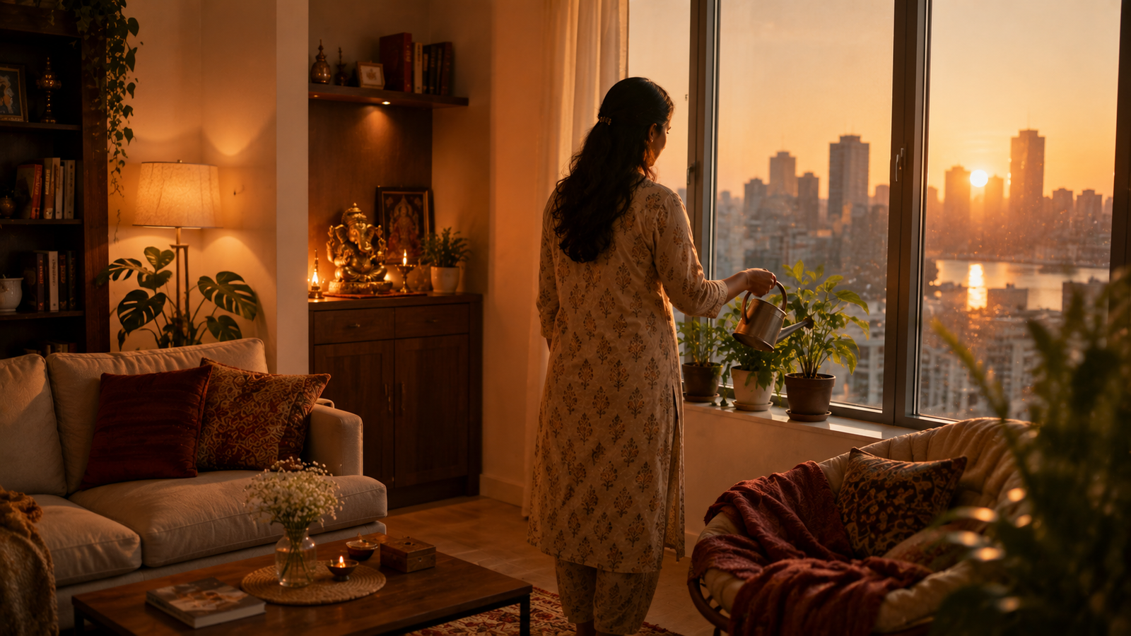 Settled Vastu-aligned overseas home with plants and pooja corner
