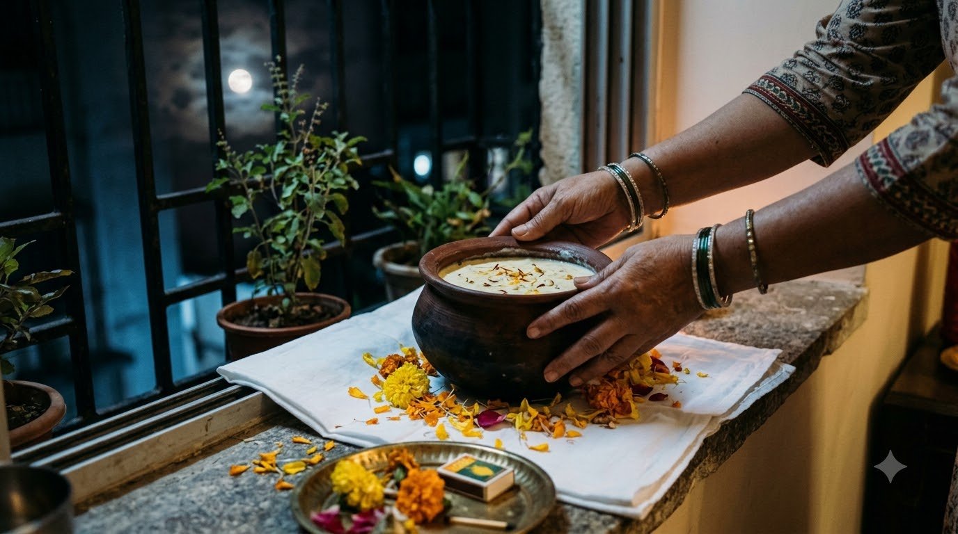 Clay pot of kheer placed in moonlight for Kojagiri Purnima ritual