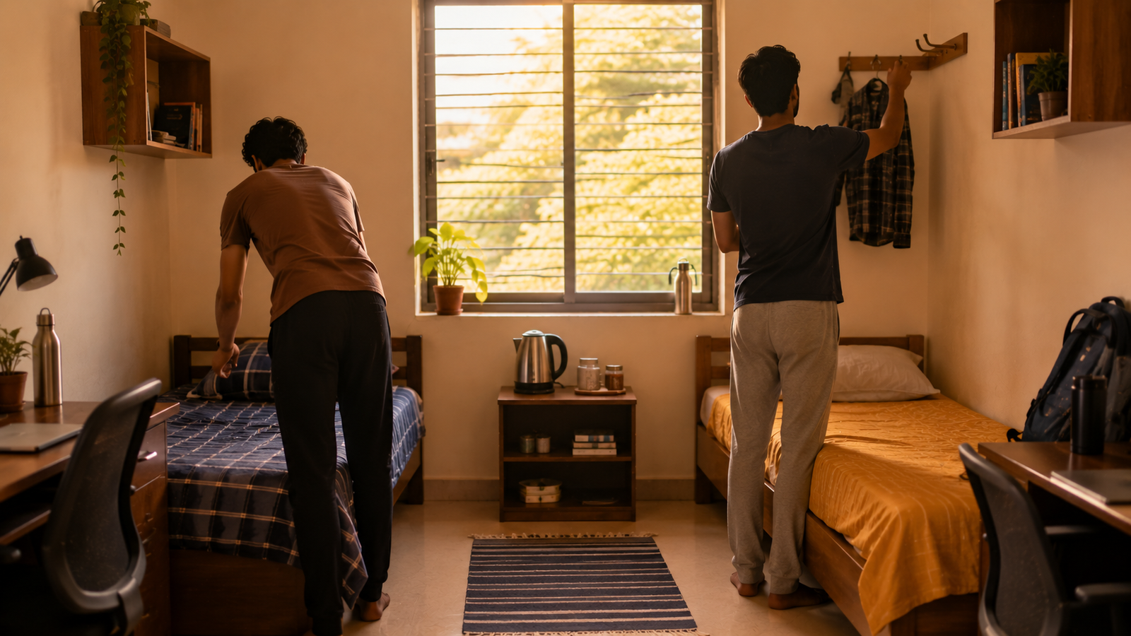 Roommates organizing their halves of a tidy shared hostel room