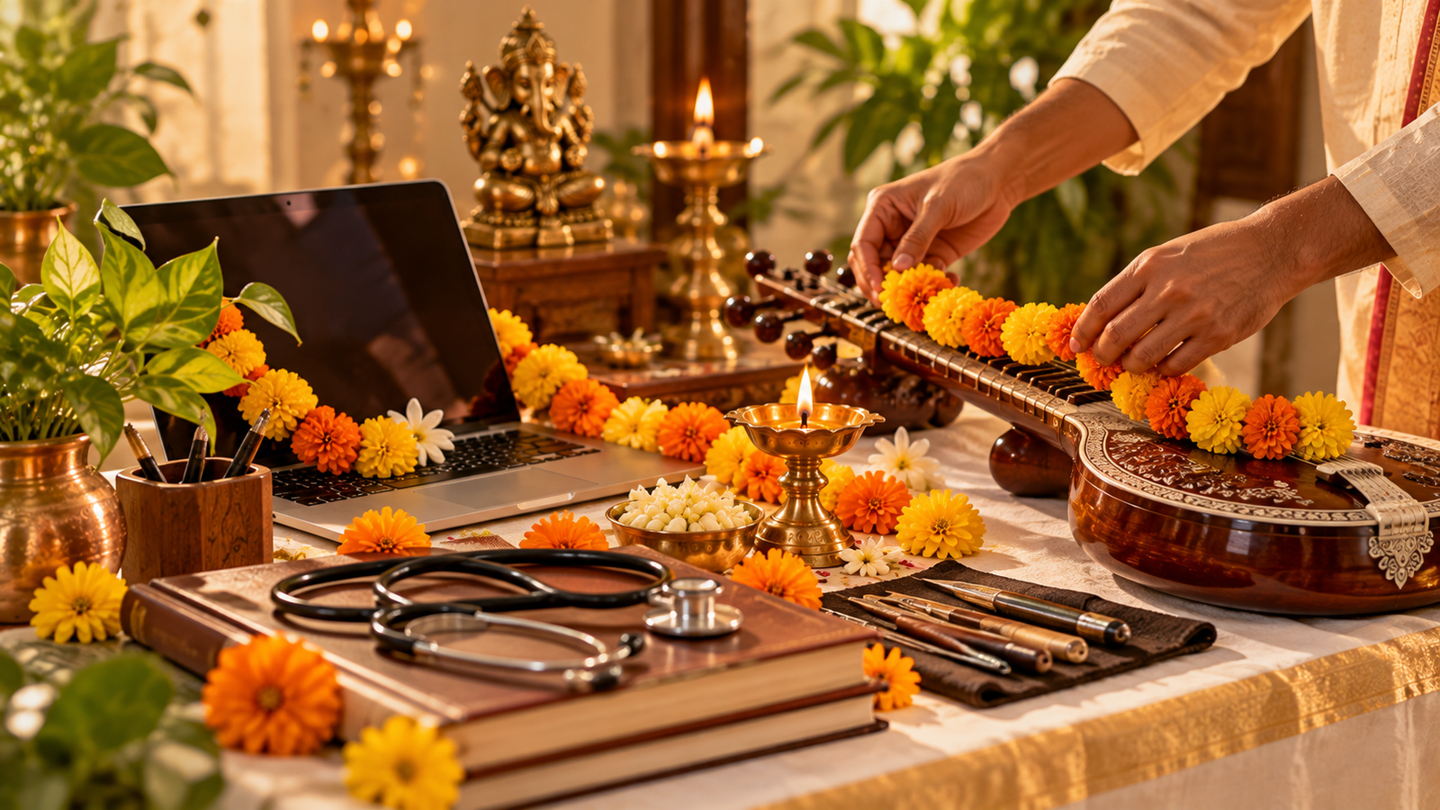 Modern Shastra Puja with laptop and professional tools on Vijayadashami