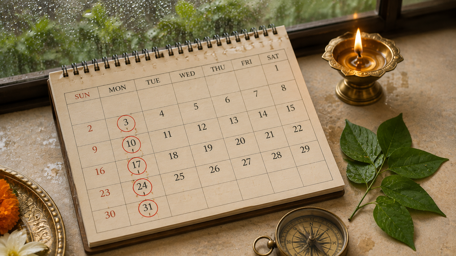 Calendar showing Shravan Somvar dates for North and South India