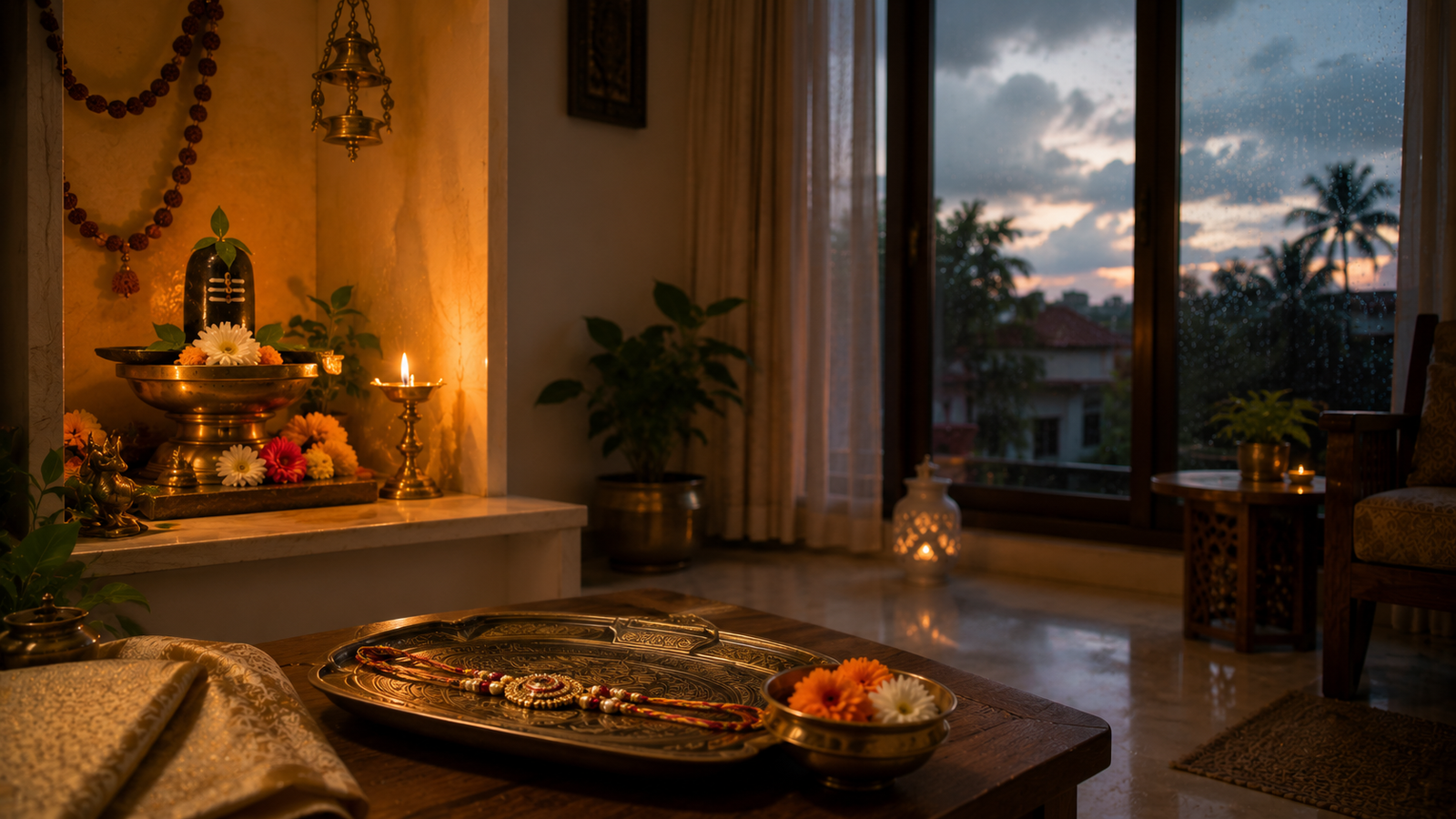 Peaceful home at dusk as Shravan closes toward Raksha Bandhan