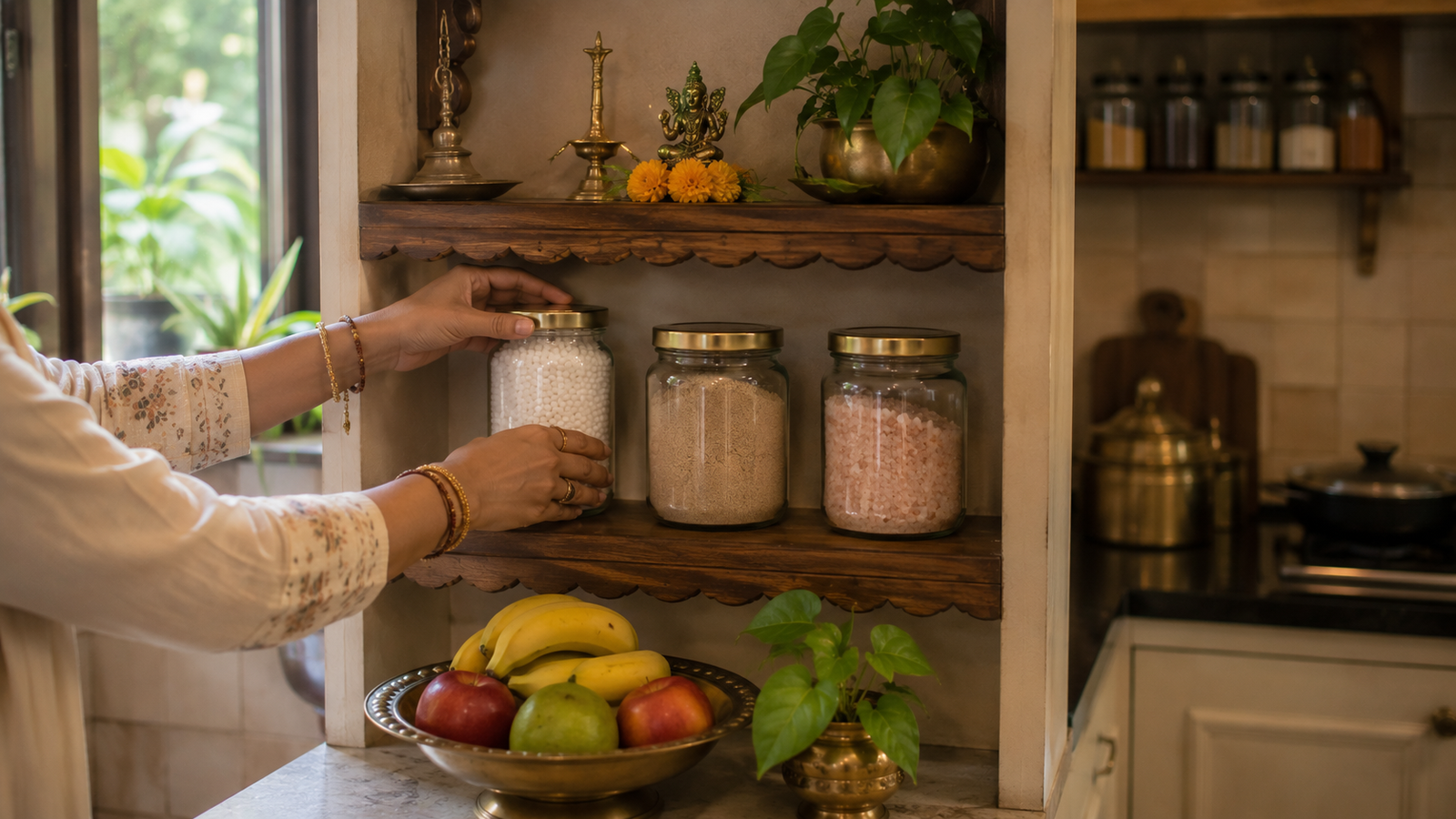 Dedicated vrat food shelf organized in kitchen during Shravan fasting