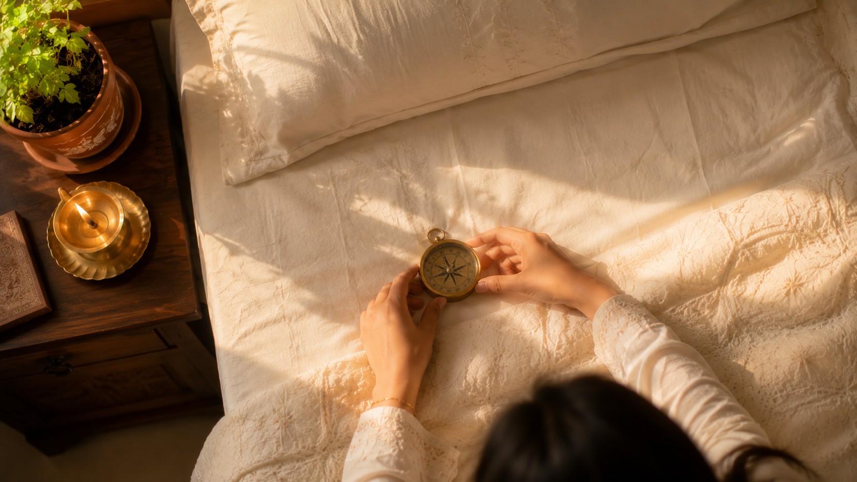 Hands checking bed direction with compass for Vastu sleep alignment