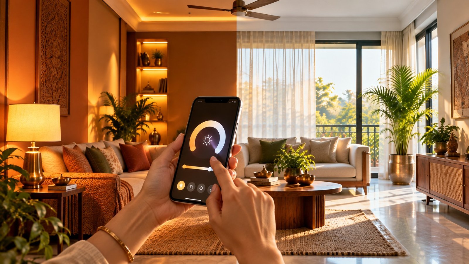 Smart lighting adjusted to warm evening tones following Vastu light principles