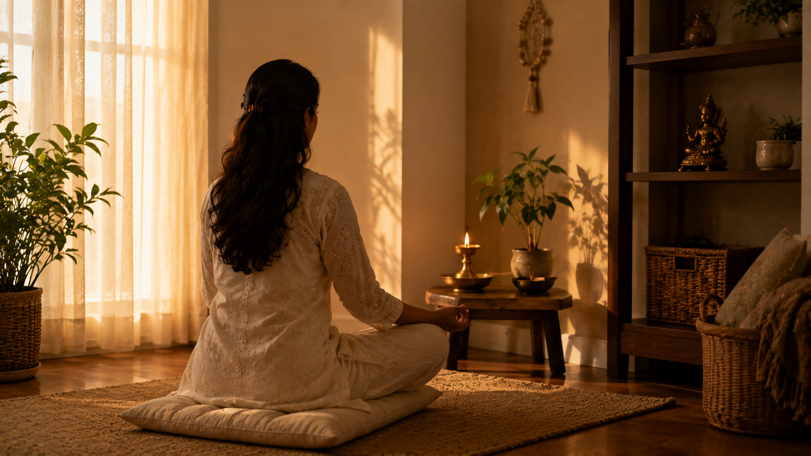 Quiet meditation corner with diya as the home's stillness zone