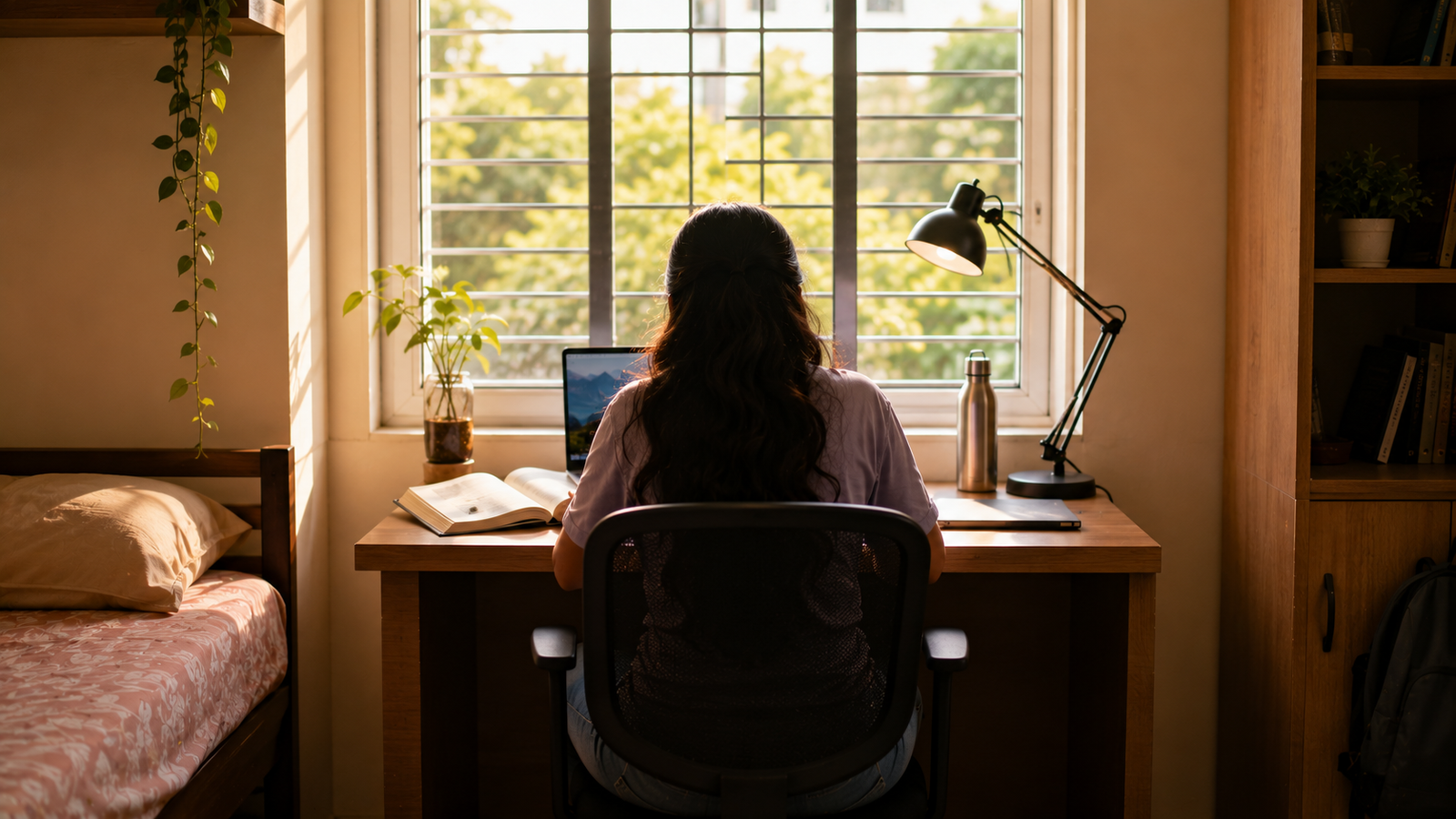 Student studying at clear desk facing East as per Vastu