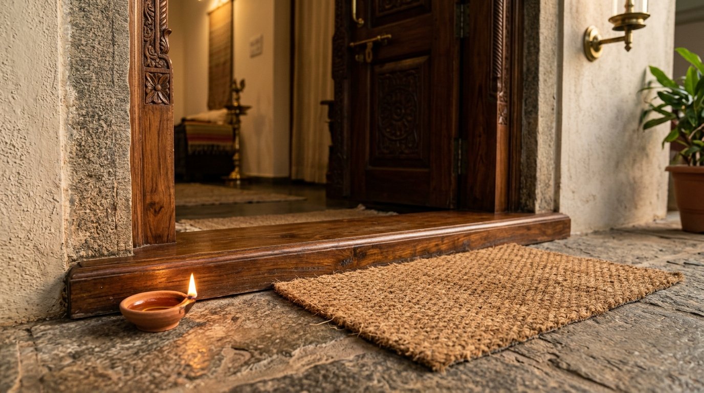 Raised wooden threshold as key Vastu remedy for south-facing door