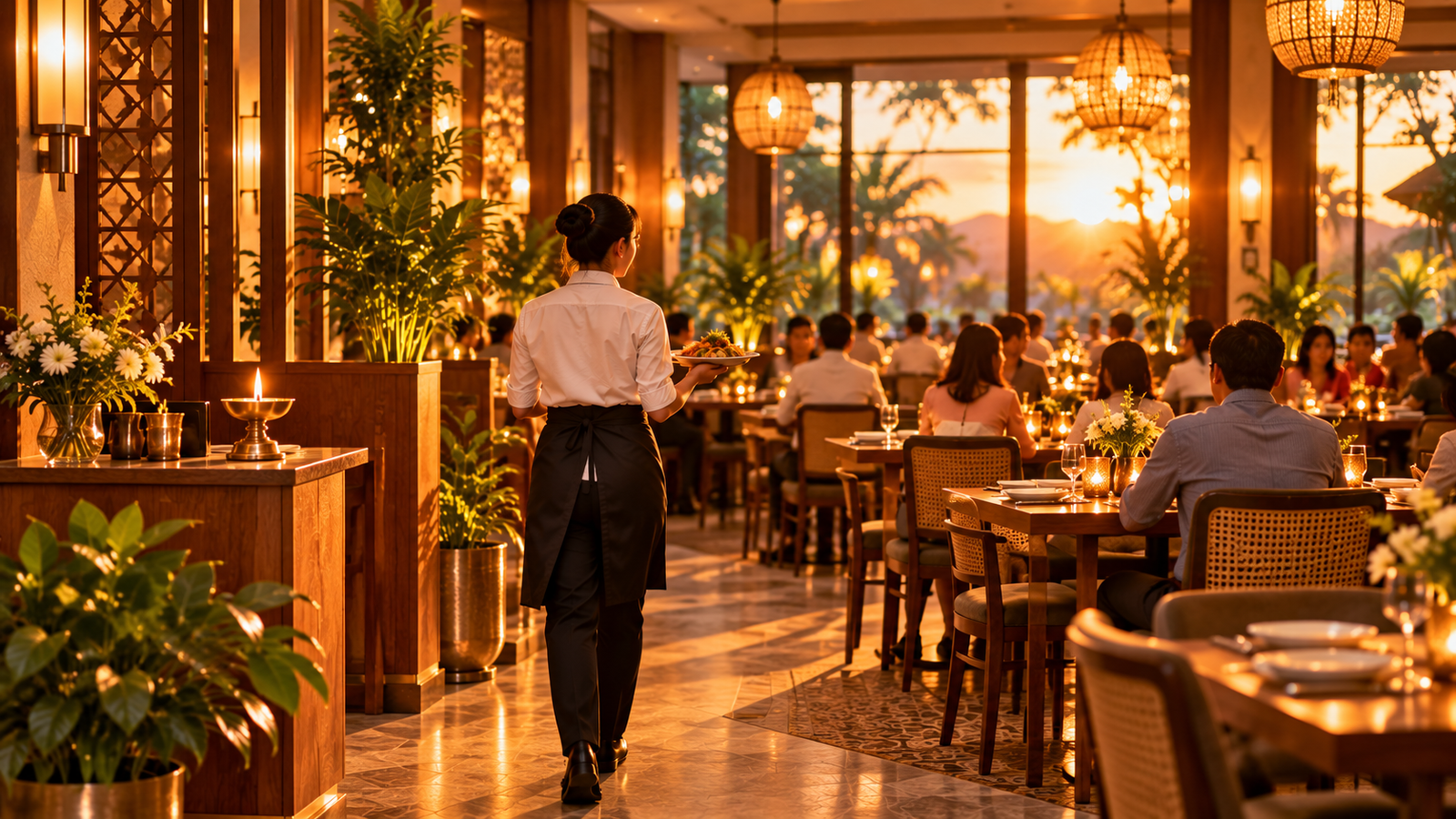 Thriving Vastu-aligned restaurant full of guests at golden hour