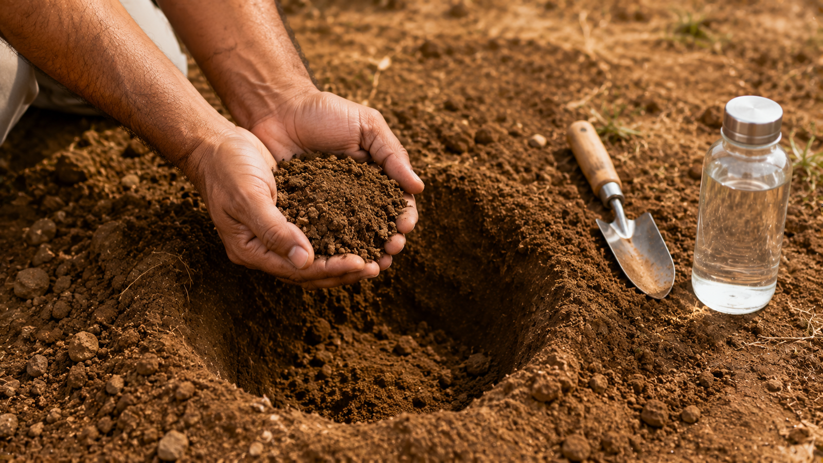 Traditional soil inspection of firm earth before plot purchase