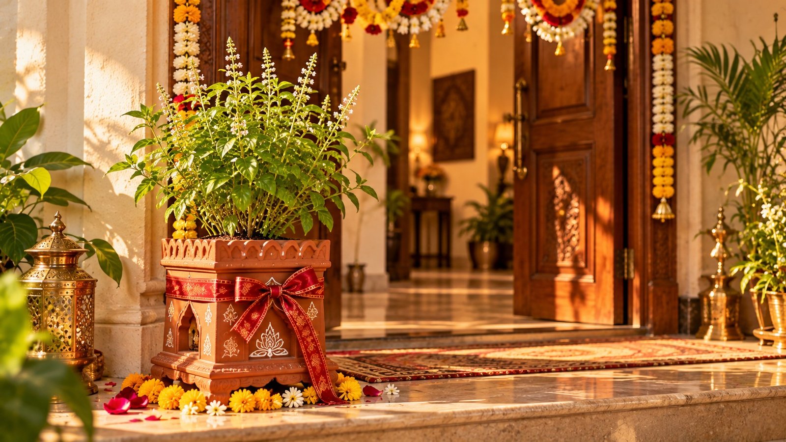 Tulsi plant in red bow as auspicious Vastu housewarming gift