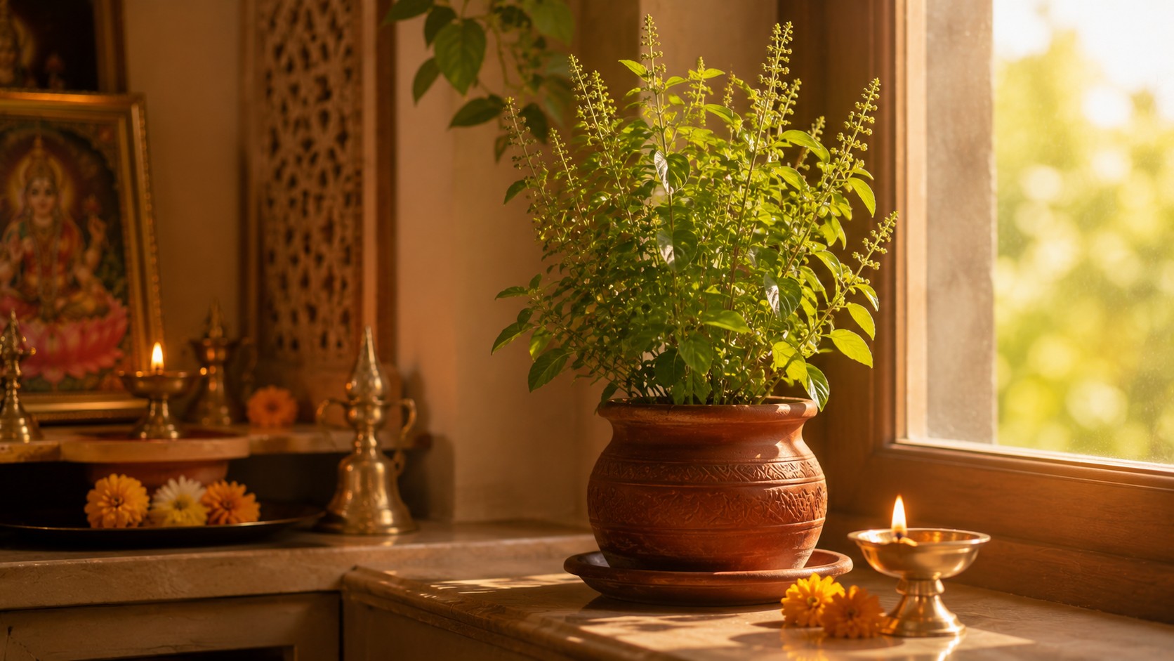 Sacred Tulsi plant near pooja space as per Vastu tradition