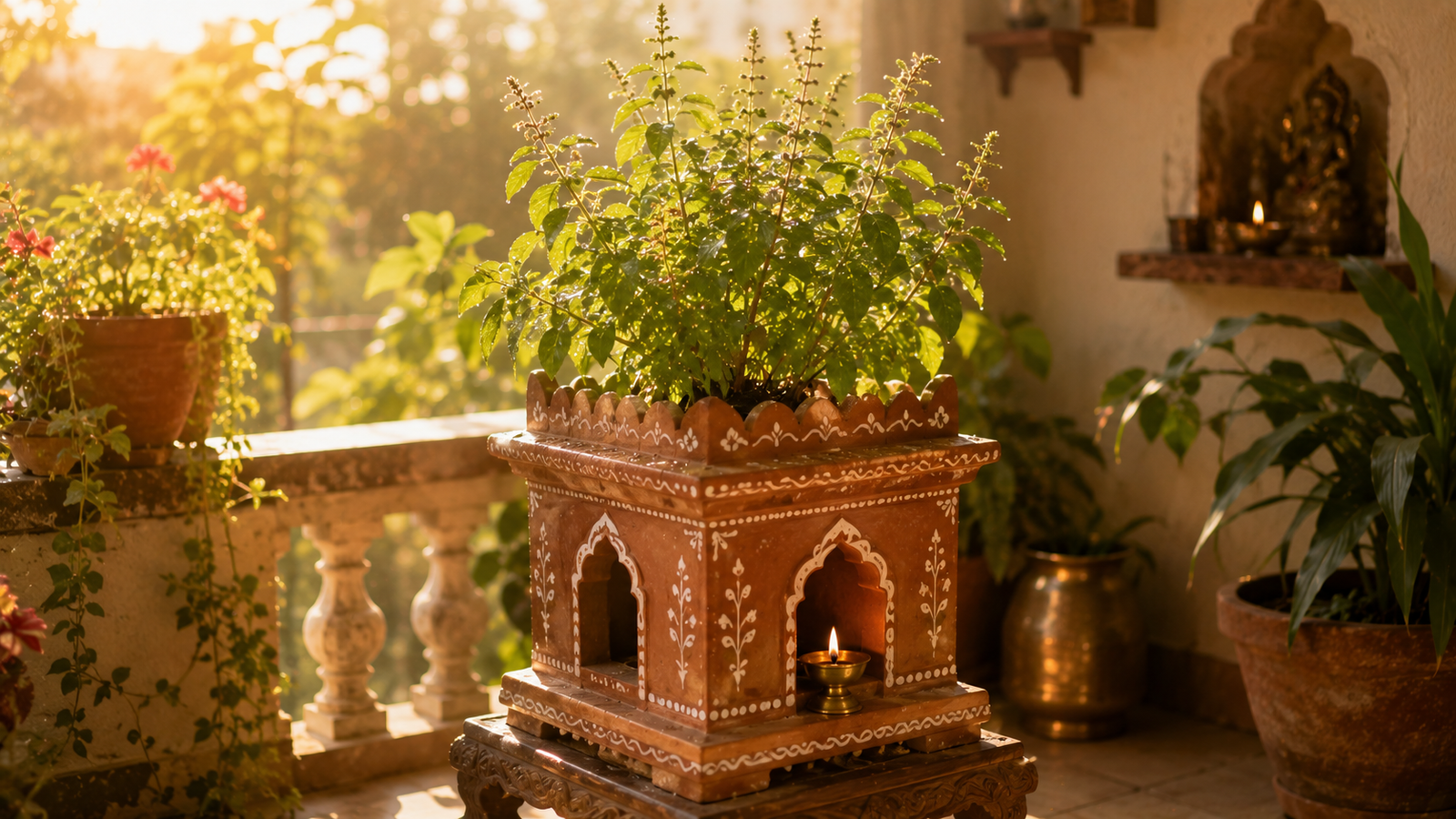 Healthy Tulsi in clay vrindavan placed in North-East as per Vastu