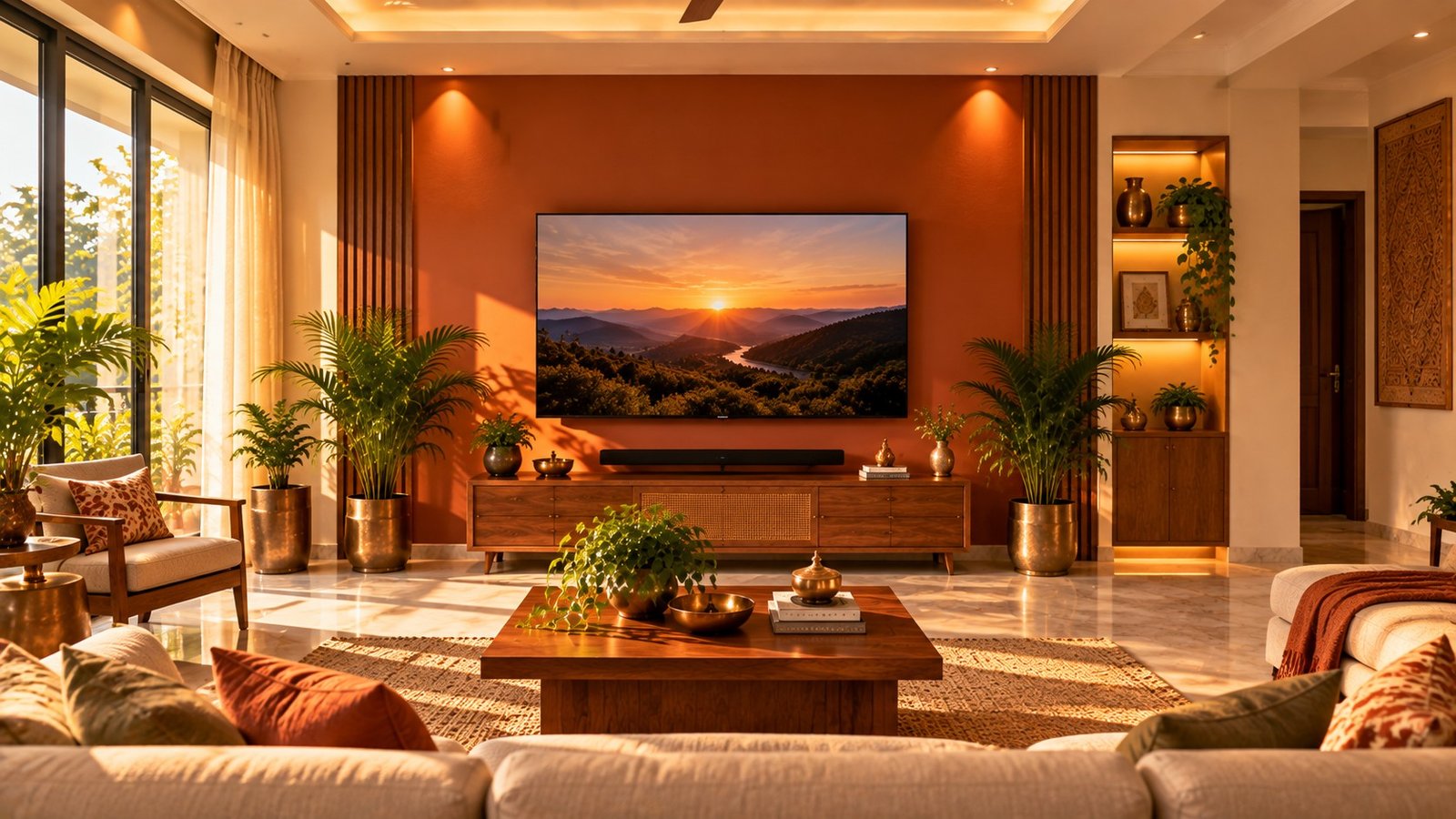 Television correctly mounted on South wall as fire zone in Vastu
