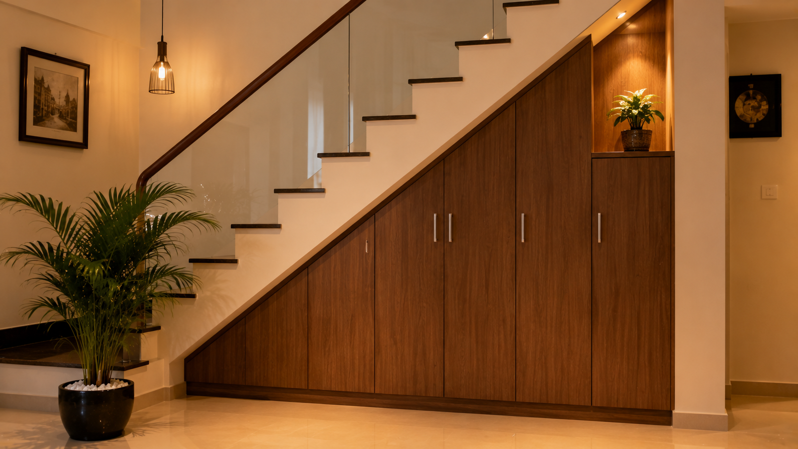 Organized closed storage beneath staircase following Vastu rules