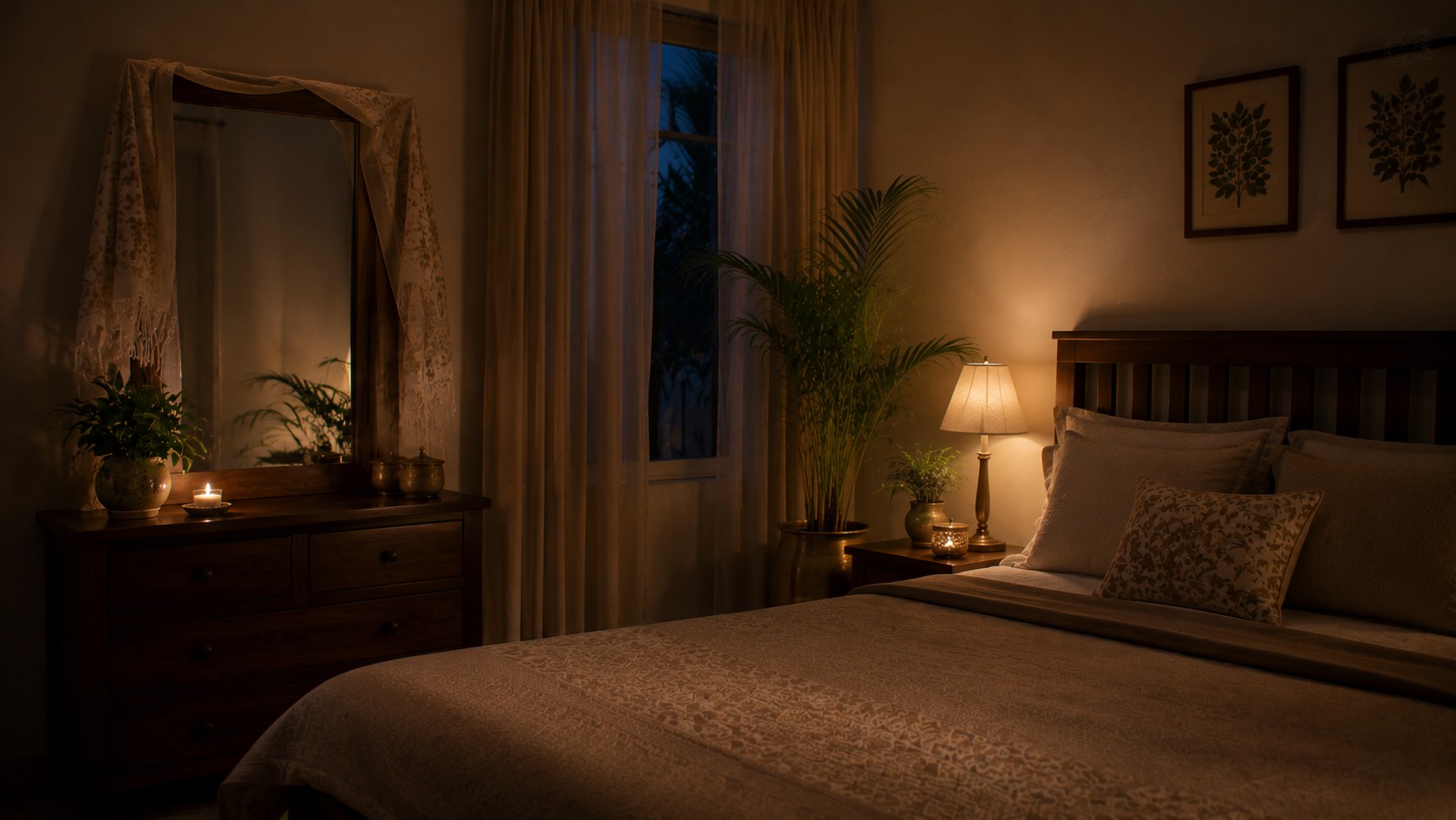 Mirror covered at night in a calm bedroom for undisturbed Vastu sleep