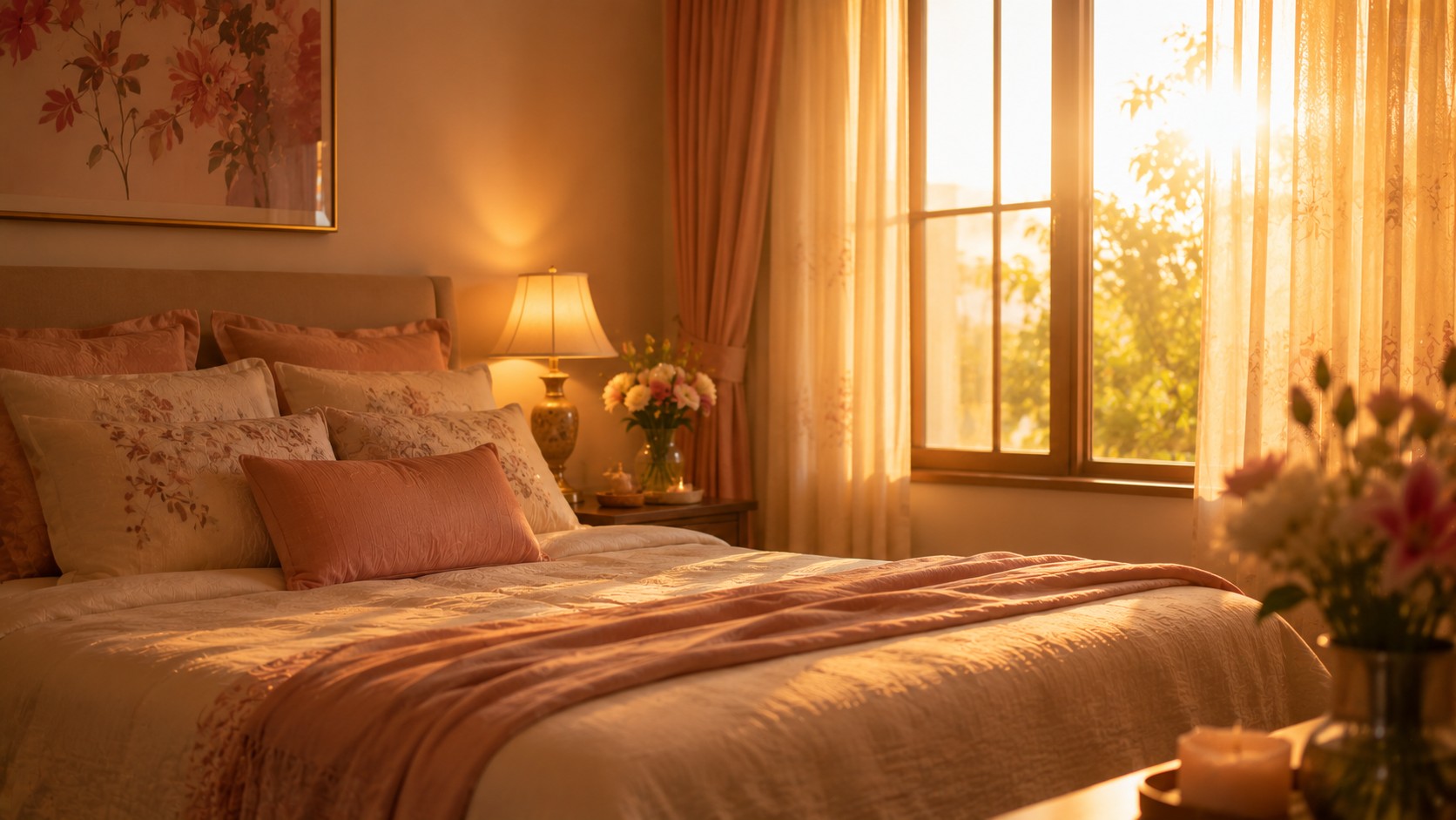 Tranquil bedroom at golden hour symbolizing peace and closeness for couples