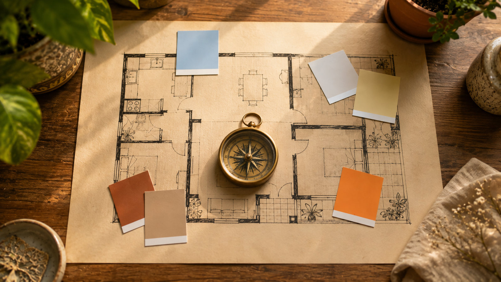 Couple choosing Vastu-aligned paint colors with floor plan and shade cards