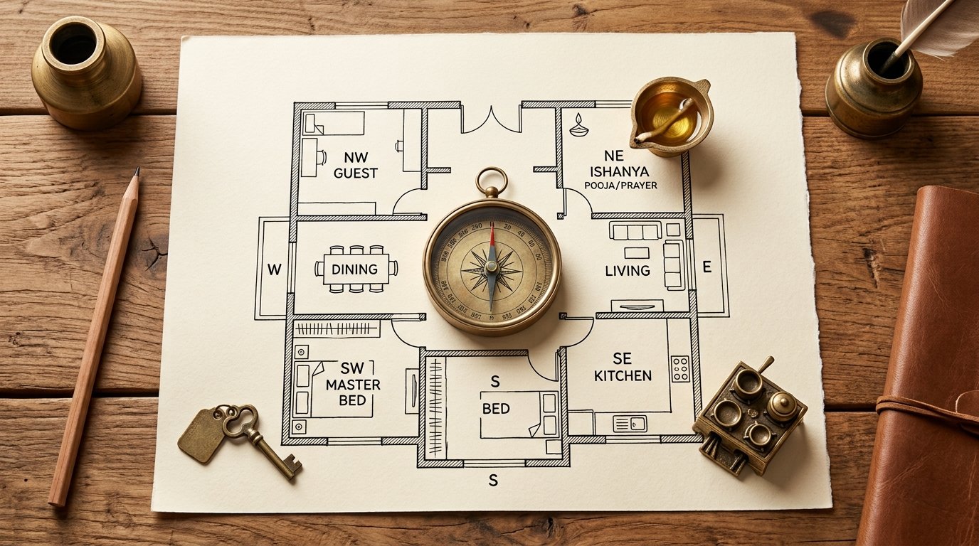 Floor plan with compass showing Vastu zones for every room