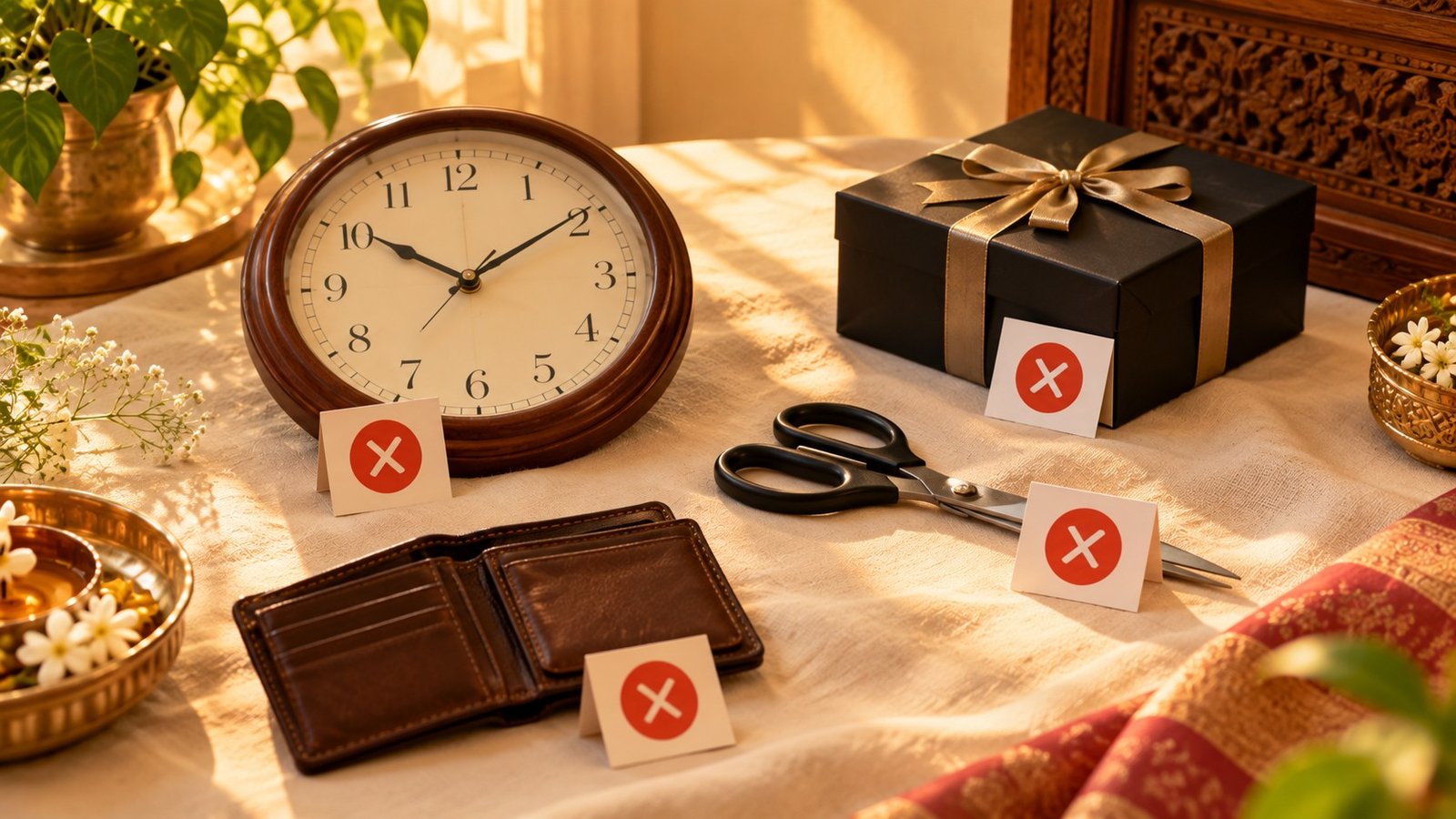 Objects to avoid as gifts per Vastu — clock, scissors, empty wallet