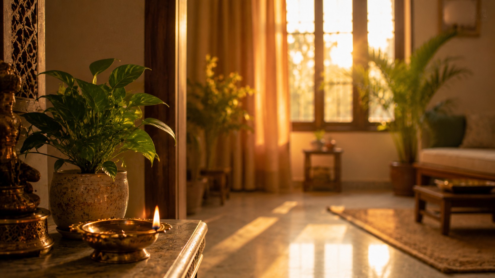 Tranquil Vastu home at golden hour symbolizing restored peace and calm
