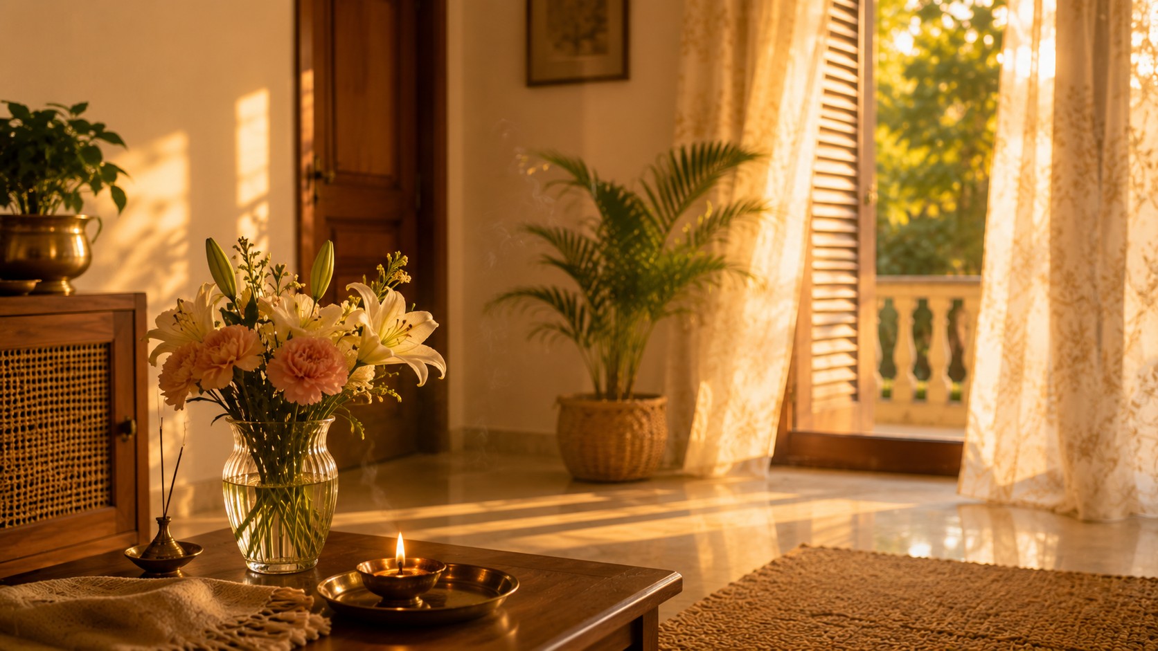 Tranquil Vastu home at golden hour symbolizing healing and inner peace