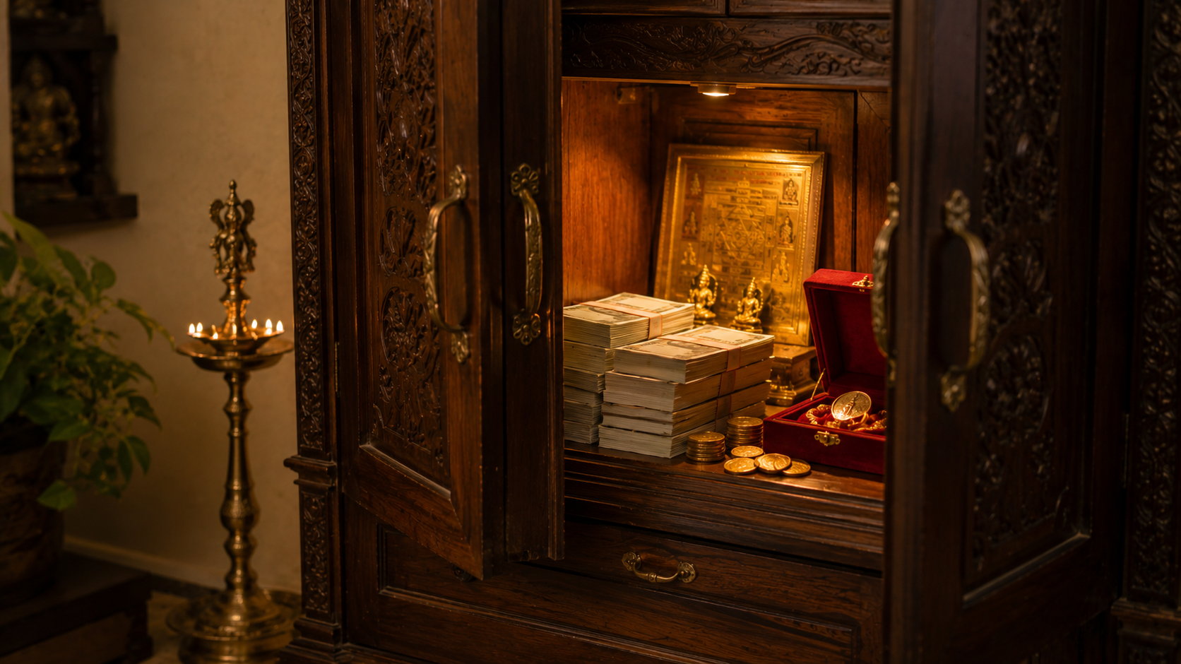 Wooden almirah with cash and a Lakshmi-Kubera yantra placed as per Vastu for wealth