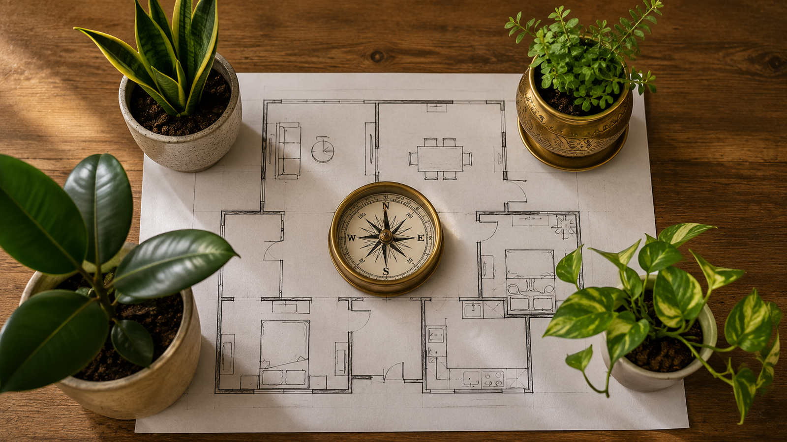 Floor plan with compass showing which plant belongs in which direction