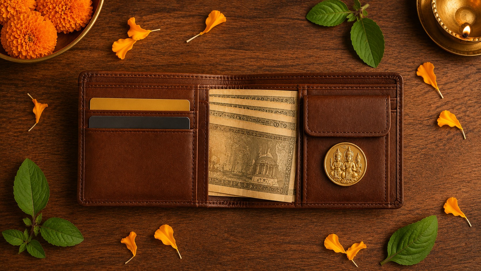 Tidy brown wallet with notes facing one direction as per Vastu tips for wealth