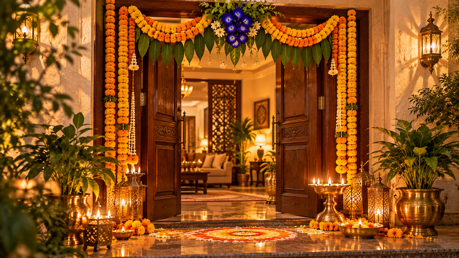 Home door blessed with Aparajita sprig and diya for Dussehra