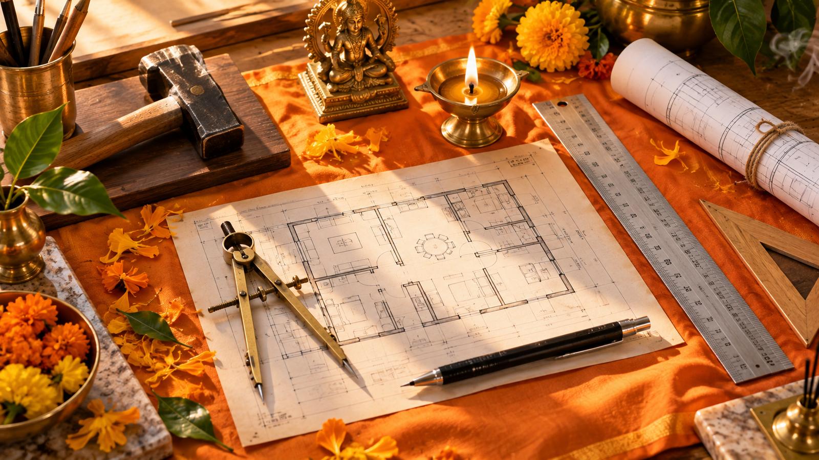 Architectural tools laid on saffron cloth honoring the divine architect