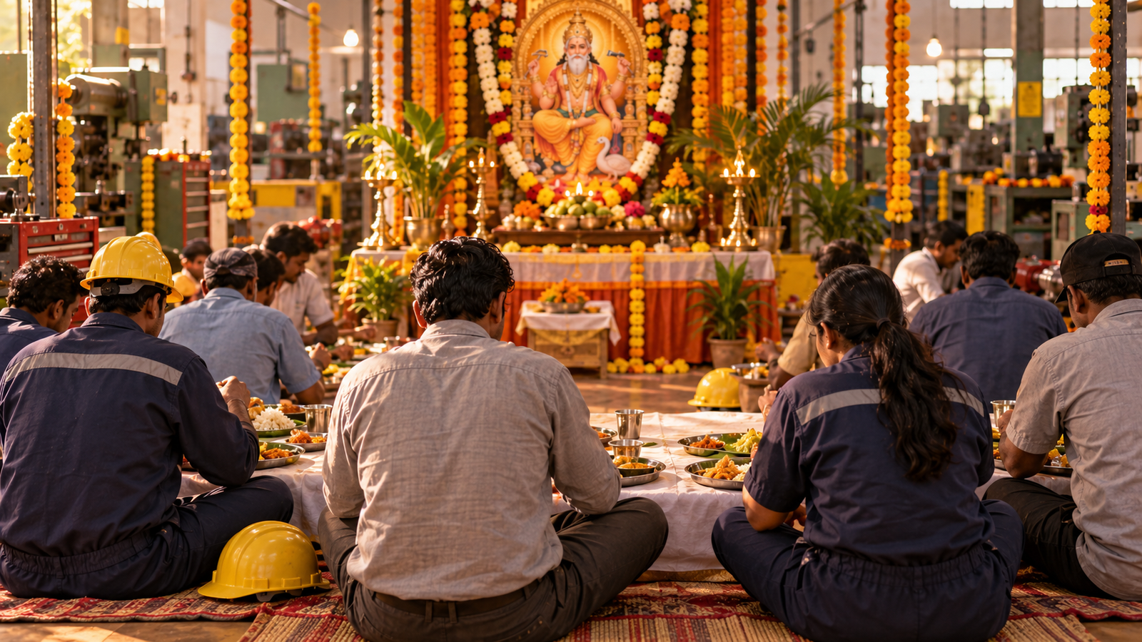 Workers sharing communal prasad meal on Vishwakarma Puja