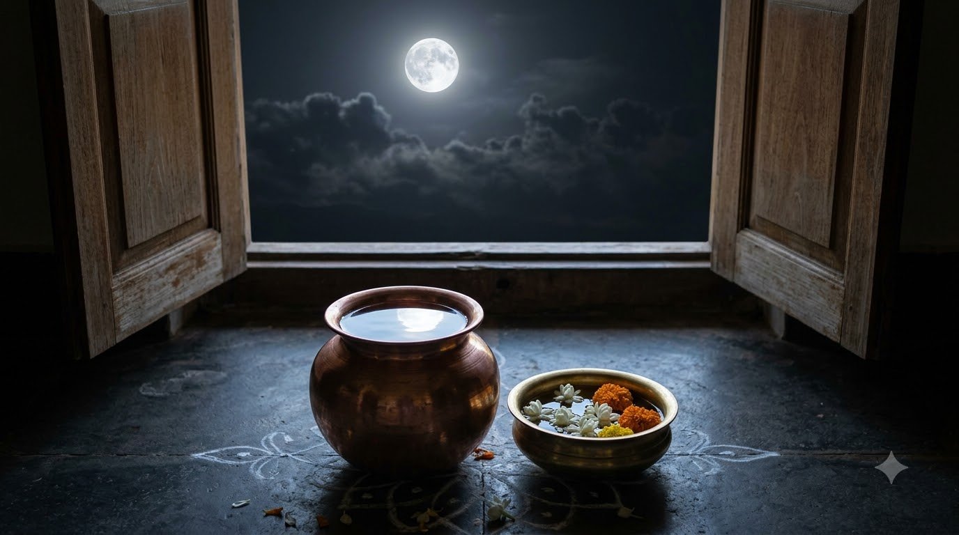 Copper vessel reflecting full moon on Kojagiri Purnima in North zone