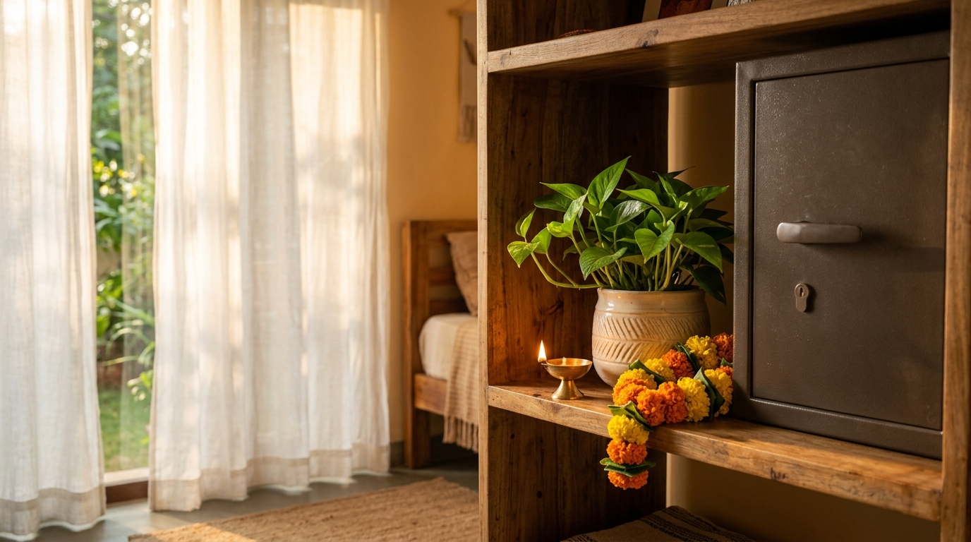 Diya near a Vastu-aligned locker honoring family wealth traditions