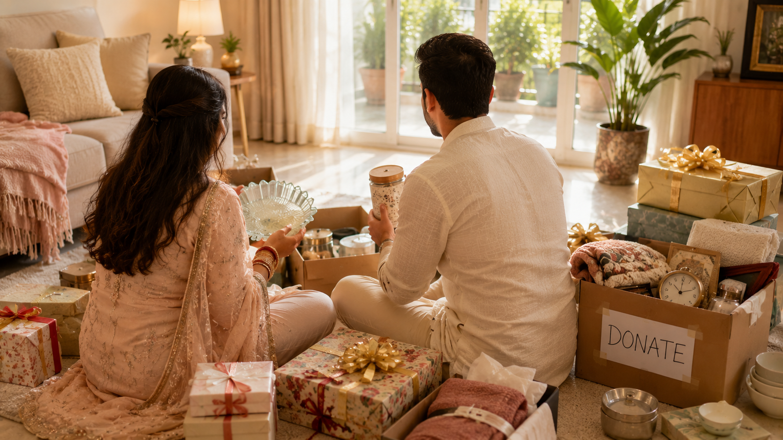 Couple sorting wedding gifts to prevent clutter as per Vastu