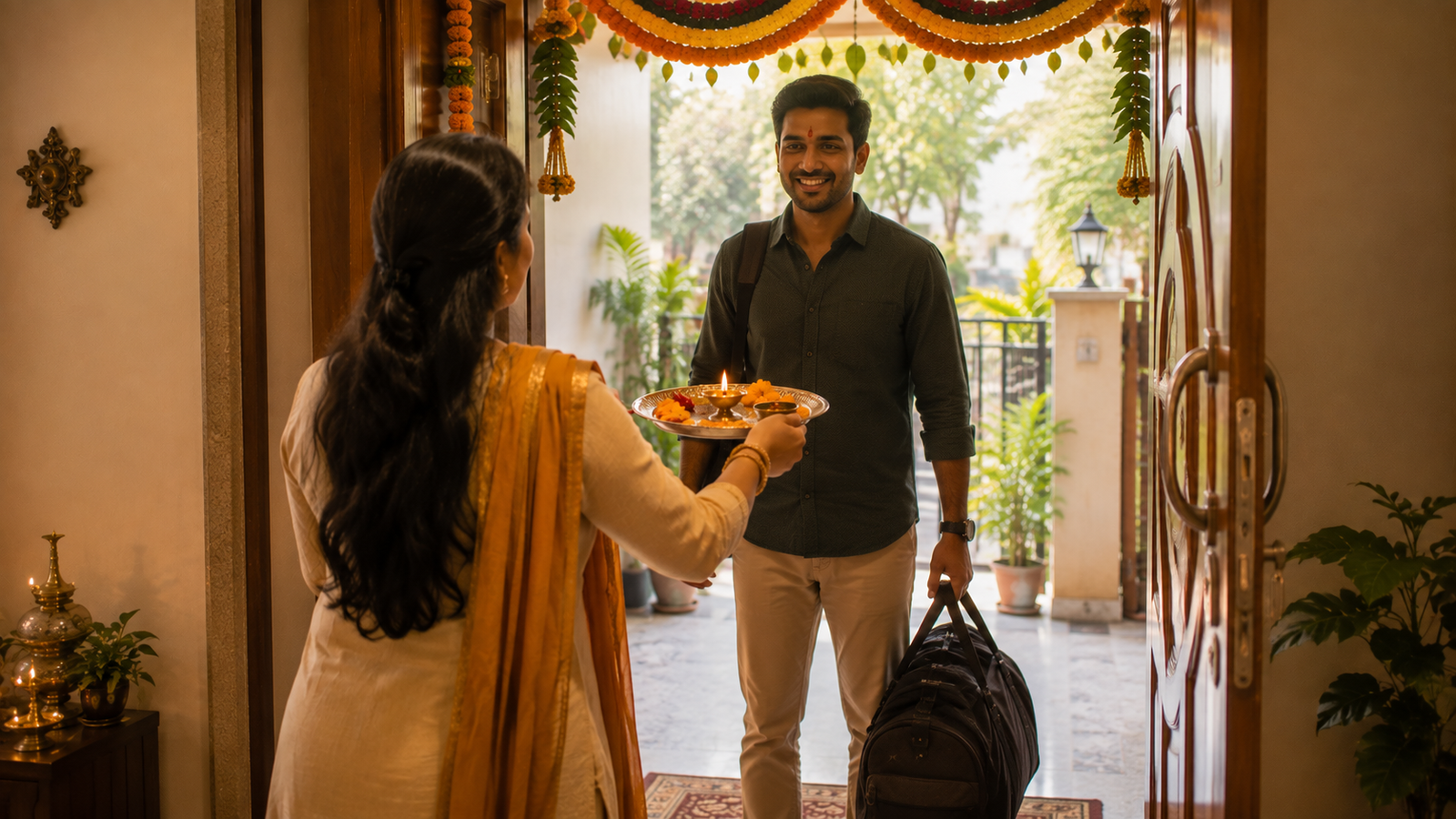 Sister welcoming brother at threshold for Raksha Bandhan homecoming