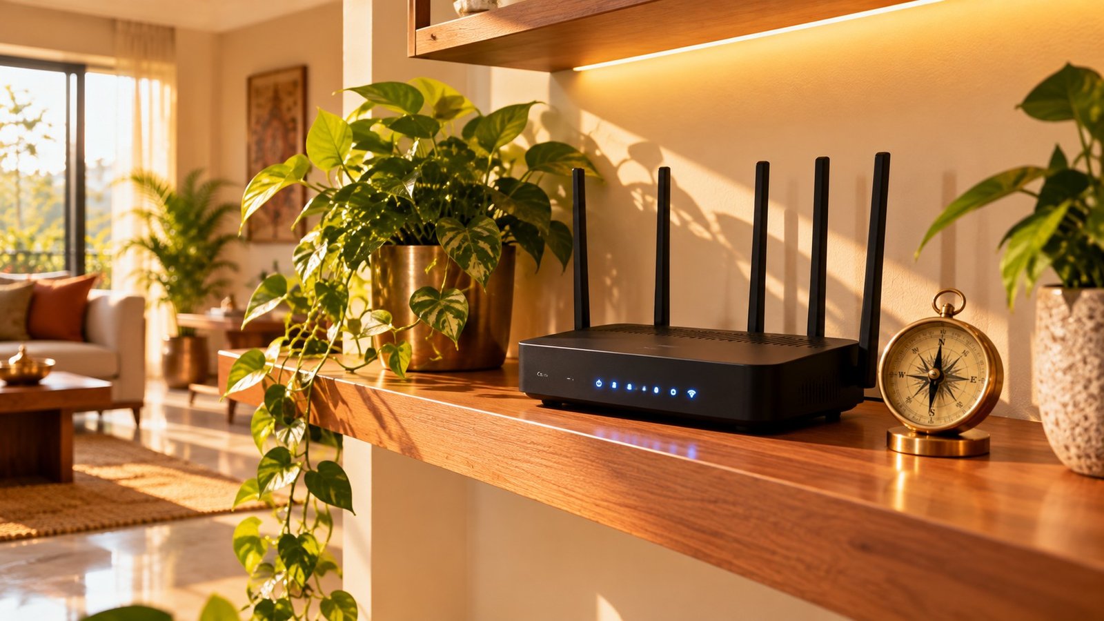WiFi router placed on North-facing shelf as per Vastu smart home principles